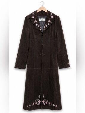 Michael Hoban Ezza Vintage Brown Leather Floral Embroidered Duster Trench Coat 4
